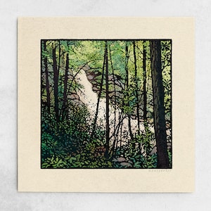 Force of Nature Print - Abstract Waterfall Landscape, Calming Forest Trees, Blue & Green Nature Wall Art / 11x11, 22x22