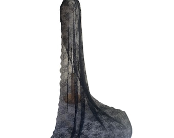 Gothic Black Hooded Cape, Long Lace Train Alternative Wedding Cloak