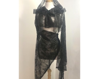 Black Goth Shrug Huge Bell Sleeve Hooded Bolero, Elven Wiccan Lace Ren Faire Sheer Top