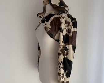 Western Cowgirl Hoodie Shrug - Cow Print Bolero Jacket in Faux Fur With Hood
