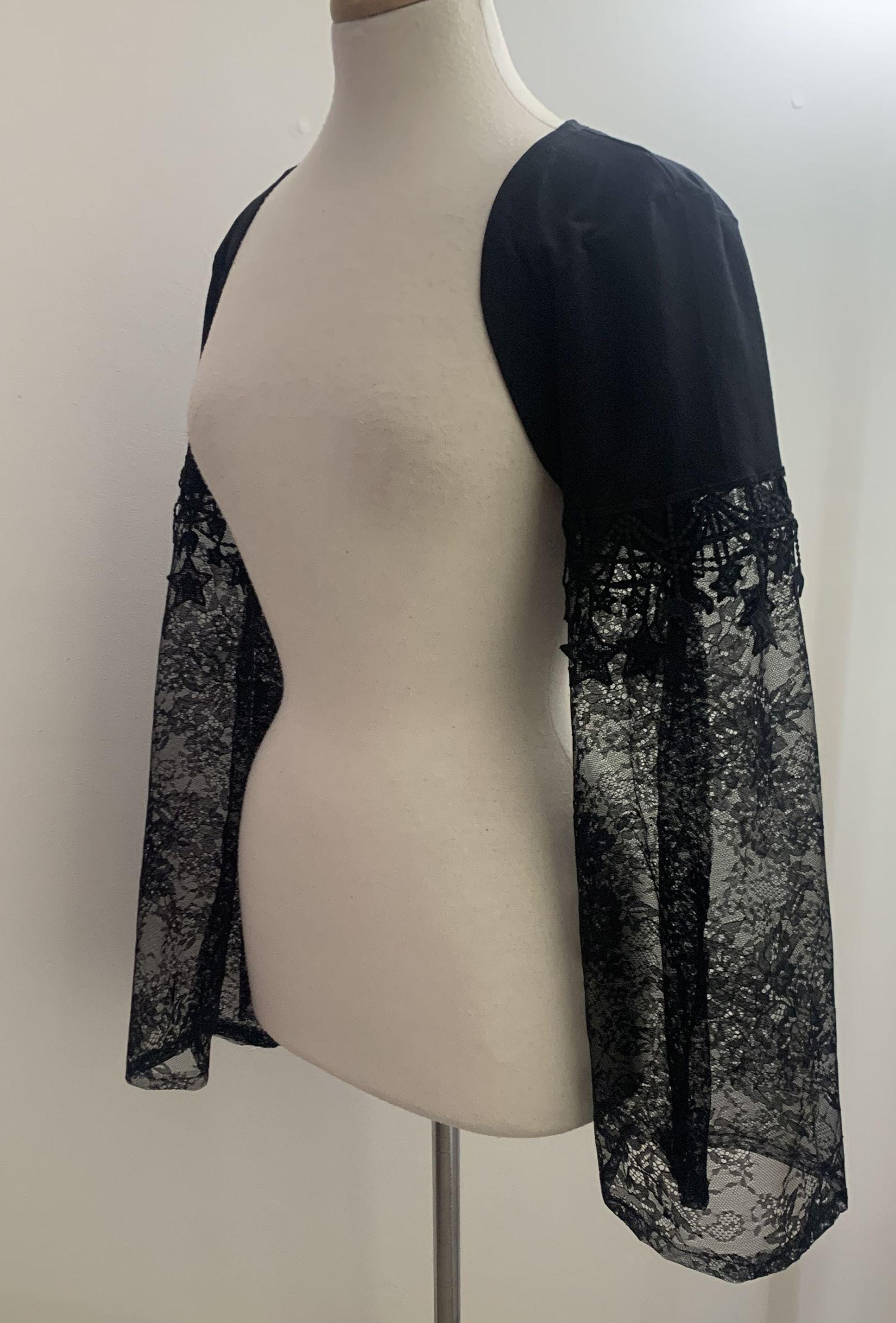 Whimsigoth Star Shrug, Black Goth Stretch Knit & Lace Flared Bell Sleeve Bolero