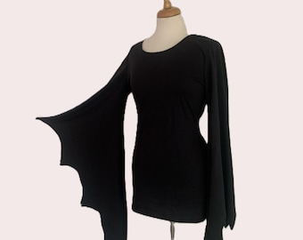 Halloween Bat Dress with Scalloped Huge Bell Sleeves, Black Goth Witch Costume Mini Dress