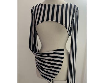 Black White Striped Goth Shrug, Long Flared Bell Sleeves, Beetlejuice Style