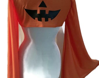 Halloween Pumpkin Shrug with Flared Bell Sleeves, Neon Orange Jack o Lantern Bolero, Spooky Rave Festival Wear