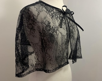Black Goth Cape Gothic Romantic Victorian Wedding Caplet Floral Lace Tie on Bow Bride Bridal Womens Short Cape