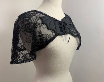 Black Bat Goth Cape Gothic Caplet Whimsigoth Romantic Victorian Floral Lace Tie on Bow Womens Short Cape