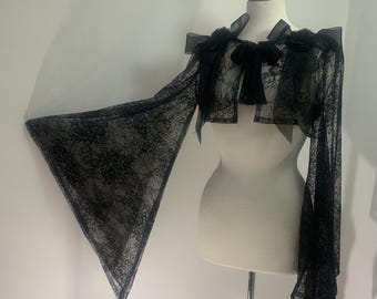 Black Goth Bolero, Wide Flared Bell Sleeve Shrug Romantic Witchy Lace Cardigan, Whimsigoth Topper