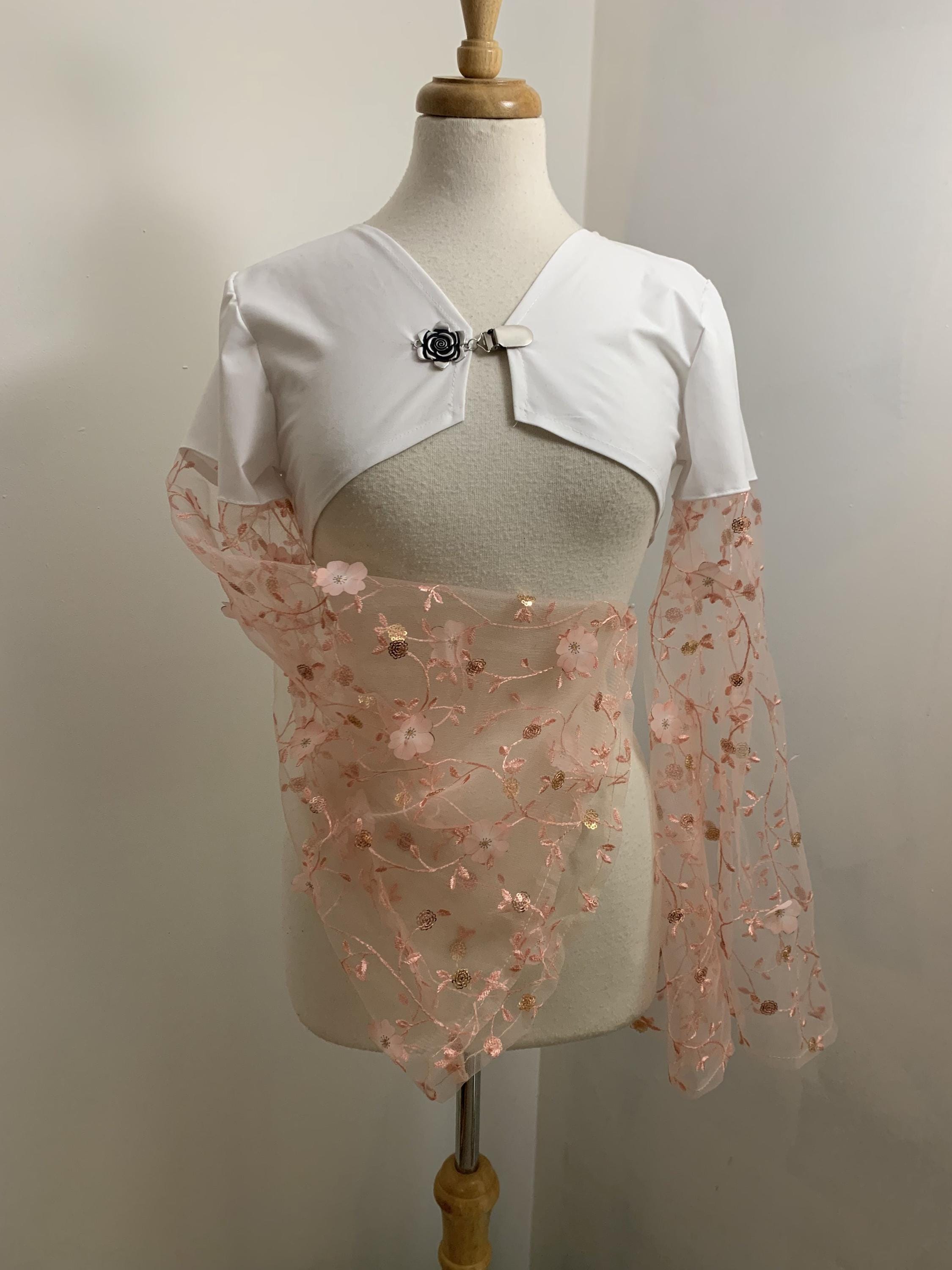 White Prom Shrug Bolero with Peach embroidered sleeves with Silver Rose…