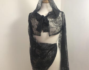 Black Gothic Lace Shrug, Hooded Flared Bell Sleeve Bolero, Bridal Cover Up