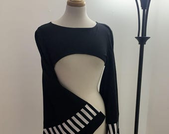 Black Gothic Bolero Shrug, White Striped Flared Bell Sleeve Top