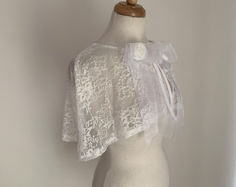 White Lace Bridal Capelet, Short Wedding Cape, Floral Wrap Shawl with Organza Bows