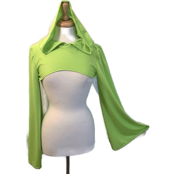 Neon Green Hooded Shrug Rave Festival Wear Cyber Goth Gothic Long Flared Bell Sleeves Hood Hoodie Womens Small Medium Large Xlarge