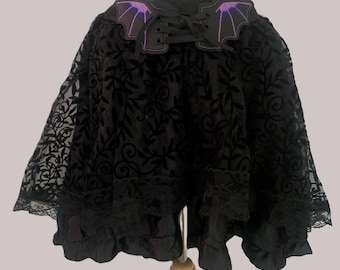 Black Goth Skirt with Bat Wings , Corset Ribbon Lace up High Low Asymmetric Organza Flocked Vine and Satin Ruffle