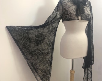 Black Goth Lace Bolero, Huge Flared Bell Sleeve Shrug, Bridal Cover-Up Topper
