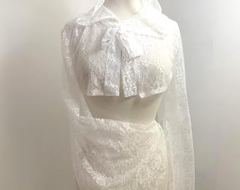 Wedding Hooded Bolero Shrug with Flared Bell Sleeves, White Lace Bridal Cover Up Topper with Front Tie Bow