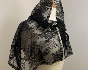 Black Goth Hoodie Cape Gothic Wedding Hooded Caplet Floral Lace Tie on Bow Bride Bridal Womens Short Cape