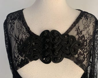 Black Lace Goth Shrug Huge Bell Sleeve Baroque Frog Closure Cropped Bolero