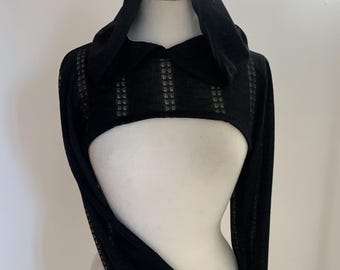 Black Gothic Post Apocalyptic Shrug, Hooded Drop Stitch Open Knit Bolero