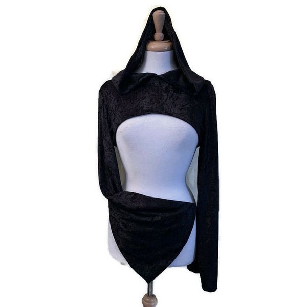 Goth Hooded Shrug Black Velvet  Romantic Gothic  Witchy Festival Wear Long Flared Bell Sleeves Hood Hoodie Womens Small Medium Large Xlarge