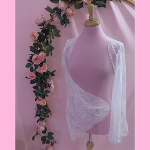 White Lace Wedding Shrug with Flared Bell Sleeves, Eyelash Lace Bridal Bolero, Romantic Cover Up Topper