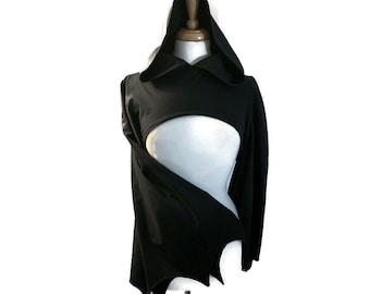 Goth Hoodie Shrug with Bat Scalloped Bell Sleeves, Black Stretch Witchy Bolero, Trad Goth Festival  Wear