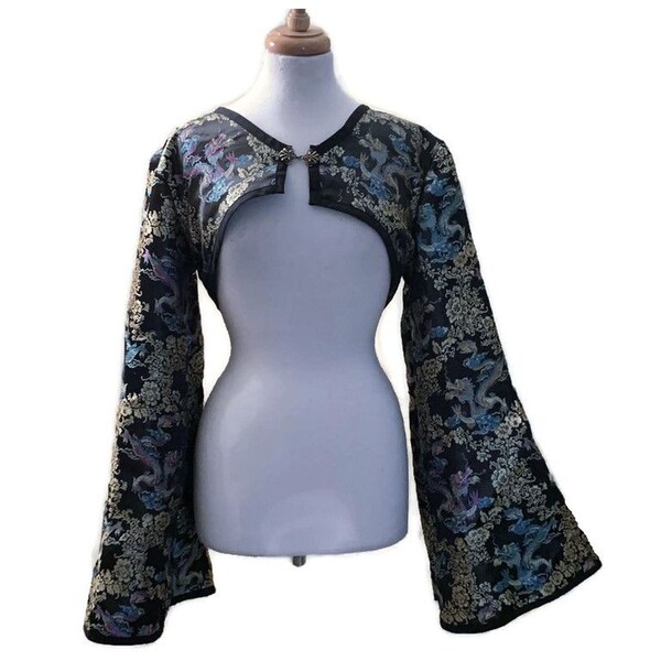 Dragon Goth Shrug Bolero Flared Bell Sleeves Oriental Brocade Gothic Top Black Gold Blue Red Pink Womens Medium