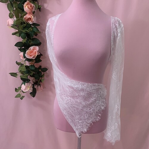 White Lace Wedding Shrug with Flared Bell Sleeves, Eyelash Lace Bridal Bolero, Romantic Cover Up Topper