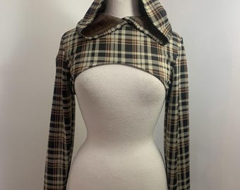 Plaid Hooded Punk Shrug, Slim Sleeve Hoodie Bolero Jacket, Brown Goth Festival Wear Top