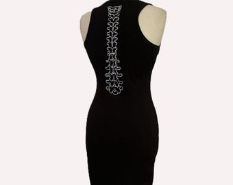 Black Gothic Bodycon Dress with White Spine Applique, Stretch Knit Mini