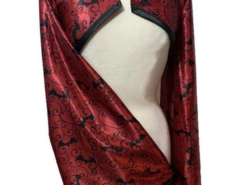 Red Satin Bat Print Bolero Shrug, Black Trim Gothic Bell Sleeve Top