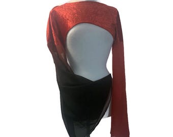 Red Black Gothic Velvet Bolero, Ombre Chiffon Bell Sleeve Shrug, Witchy Vampire Topper
