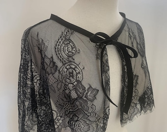 Black Goth Short Cape, Gothic Shoulder Capelet Sheer Floral Lace Scalloped Edges