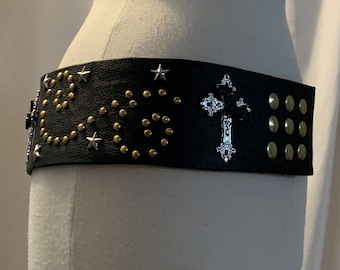 Goth Cross Belt Black Gothic Crosses Bats Stars Witch Witchy Whimsygoth Alternative Leather Hip Wrap Wide Statement Belt Spiderweb Chains