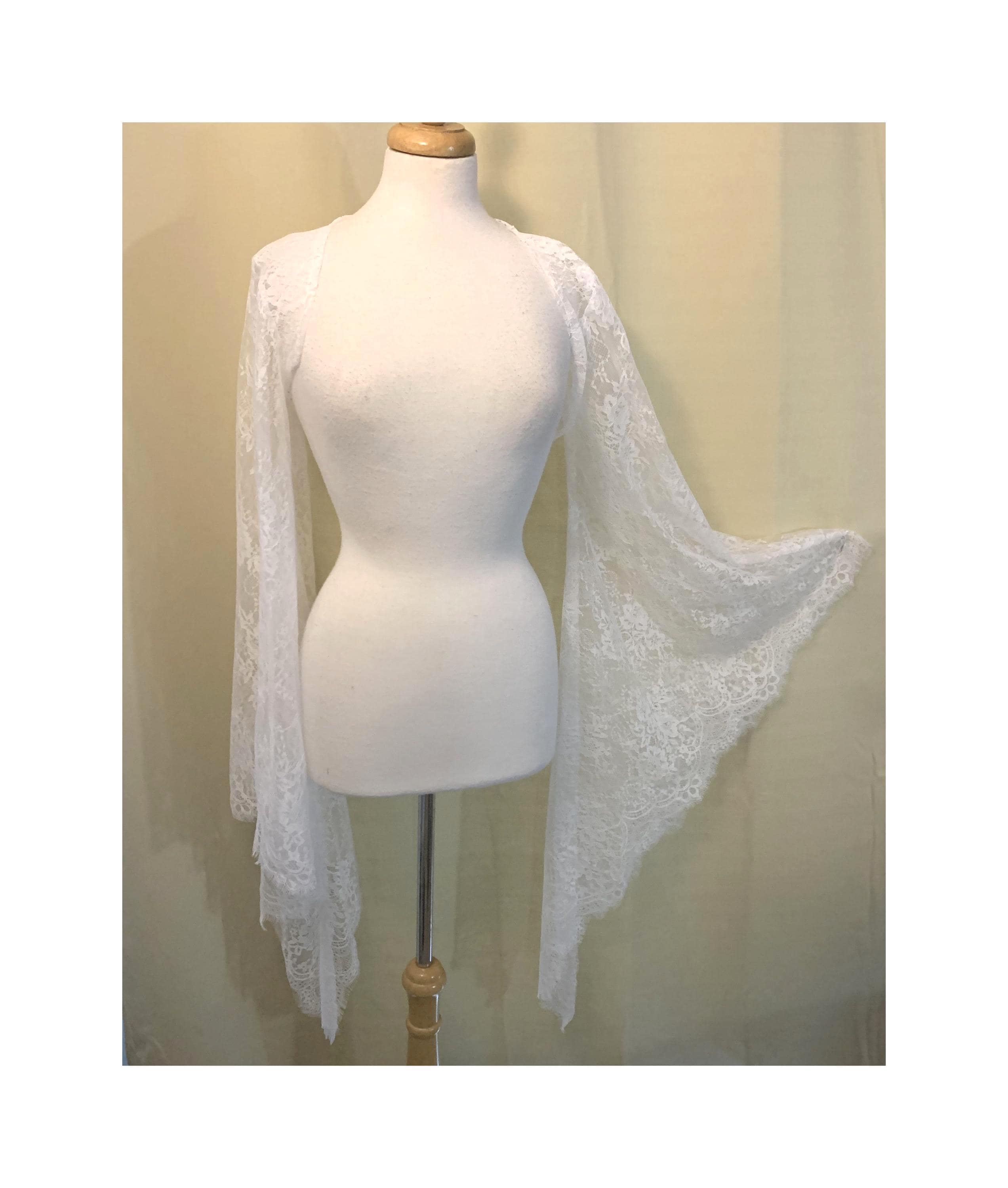 White Bridal Shrug Bolero Eyelash Lace Cover-up Huge Flared Bell Sleeves Wedding Topper Bride Prom Boho Festival Wear Womens S M L XL 2X 3X