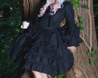 Evil Coquette Goth Dolly Dress, Black Cotton Ruffled Babydoll Halloween Costume