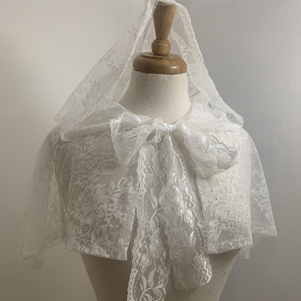White Wedding Hooded Capelet , Bridal Short Cape Topper , Floral Lace Ribbon Tie Bow