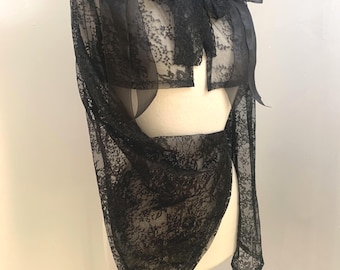 Black Lace Goth Shrug, Alt Bridal Bolero, Flared Bell Sleeves and Romantic Bows