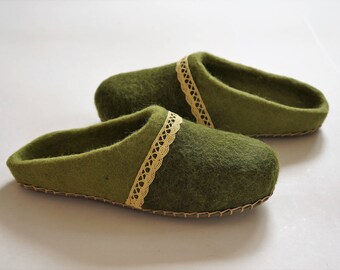Pantofole in feltro, scarpe in feltro verde oliva, pantofole in feltro, pantofole di lana, scarpe in feltro, stivali di feltro, pantofole di lana, scarpe di lana, pantofole da donna