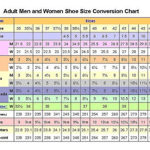 May include: A chart showing shoe size conversions for men and women in different countries and regions, including Europe, Mexico, Japan, the United Kingdom, Australia, the United States and Canada, Russia and Ukraine, Korea, and Mondopoint. The chart includes measurements in inches and centimeters.