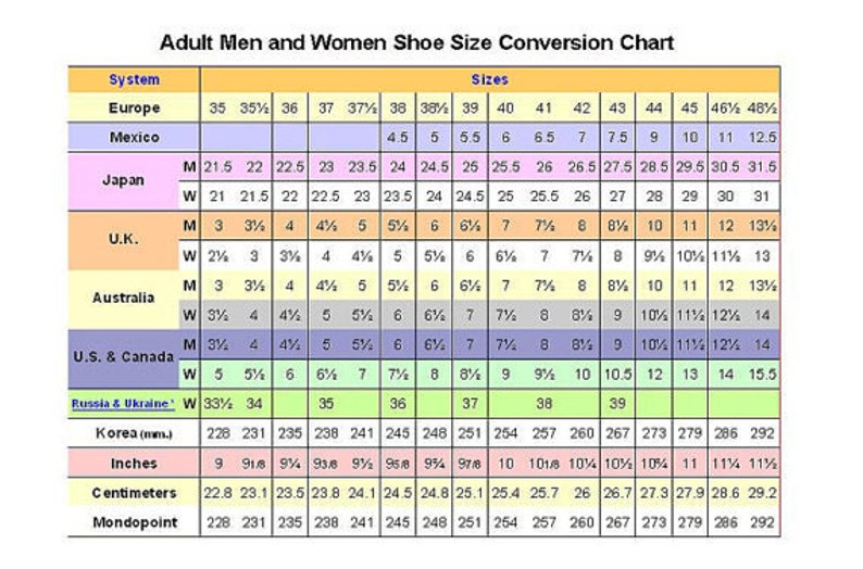 May include: A chart showing shoe size conversions for men and women in different countries and regions, including Europe, Mexico, Japan, the United Kingdom, Australia, the United States and Canada, Russia and Ukraine, Korea, and Mondopoint. The chart includes measurements in inches and centimeters.