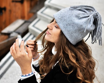 Felt grey woman cap/Winter hat from merino wool/Crazy cap with dreadlocks/Dreadlocks hat/Hair accessories/Grey/Women hat/Handmade/Felted