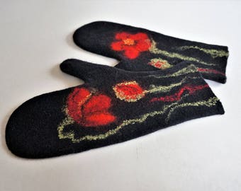 Gloves/Warm/Handmade/Gloves for women/Wool gloves/Mittens/Mittens for women/Merino wool/Poppy flowers/Black red/Arm warmers/Gift for her
