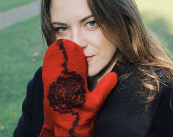 Warm and soft winter accessories for women -felt gloves / Red black winter mittens / Christmas gift handmade wool gloves / Arm warmers