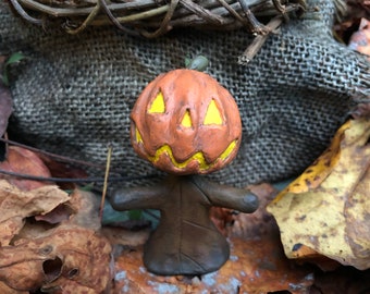 Brynwood Forest Folk Villager Jack-o-lantern pumpkin mask trick or treat polymer clay figurine walnut shell folk art tree leaf  spirit