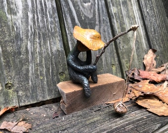 Brynwood Forest Folk Villager Fisherman polymer clay figurine walnut shell folk art tree leaf  spirit