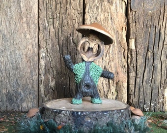 Brynwood Forest Folk Villager Mushroom Shepherd polymer clay figurine walnut shell folk art tree leaf spirit