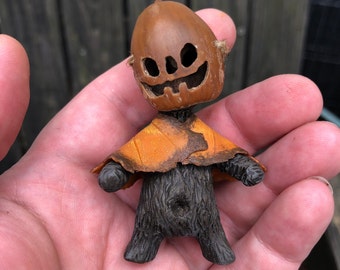 Brynwood Forest Folk Villager Acorn Jack-o-lantern mask trick or treat polymer clay figurine walnut shell folk art tree leaf  spirit