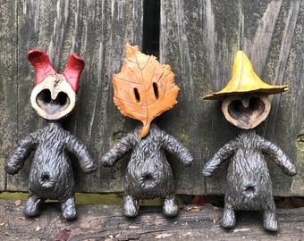 Brynwood Forest Folk Villager Trio Halloween Costumes polymer clay figurine walnut shell folk art tree leaf  spirit