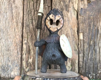 Brynwood Forest Folk Warrior Bone Spear and Shield polymer clay figurine walnut shell folk art tree leaf  spirit
