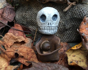 Brynwood Forest Folk Villager skull mask costume trick or treat polymer clay walnut shell figurine folk art tree leaf  spirit